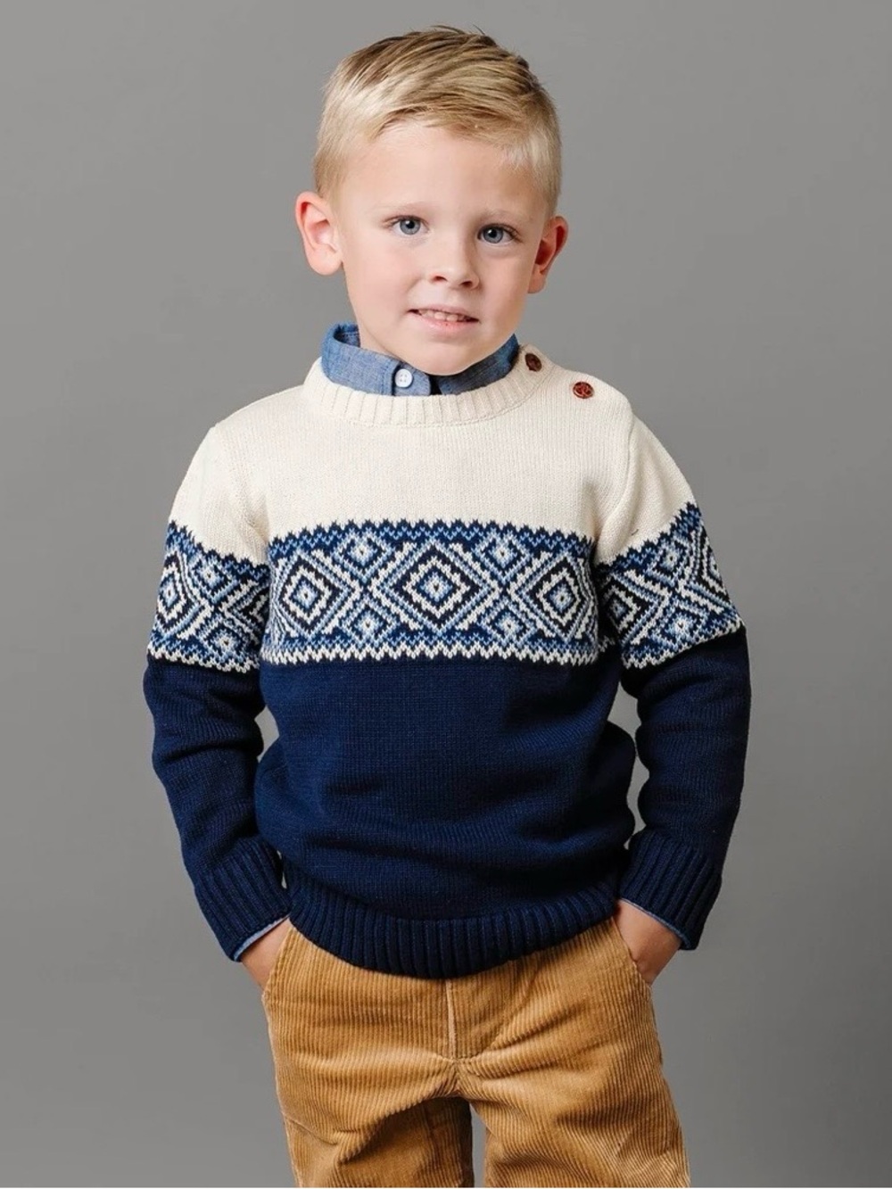 Hope & Henry Boys Organic Intarsia Crew Neck Button Sweater - Cream & Navy XXS